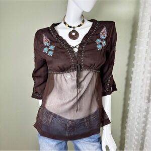Y2K Boho Sheer Brown Beaded Lace-Up Top Petite Medium Turquoise Embroidery PM